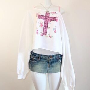 y2k leopard cross graphic off shoulder cropped sweatshirt roses mcbling